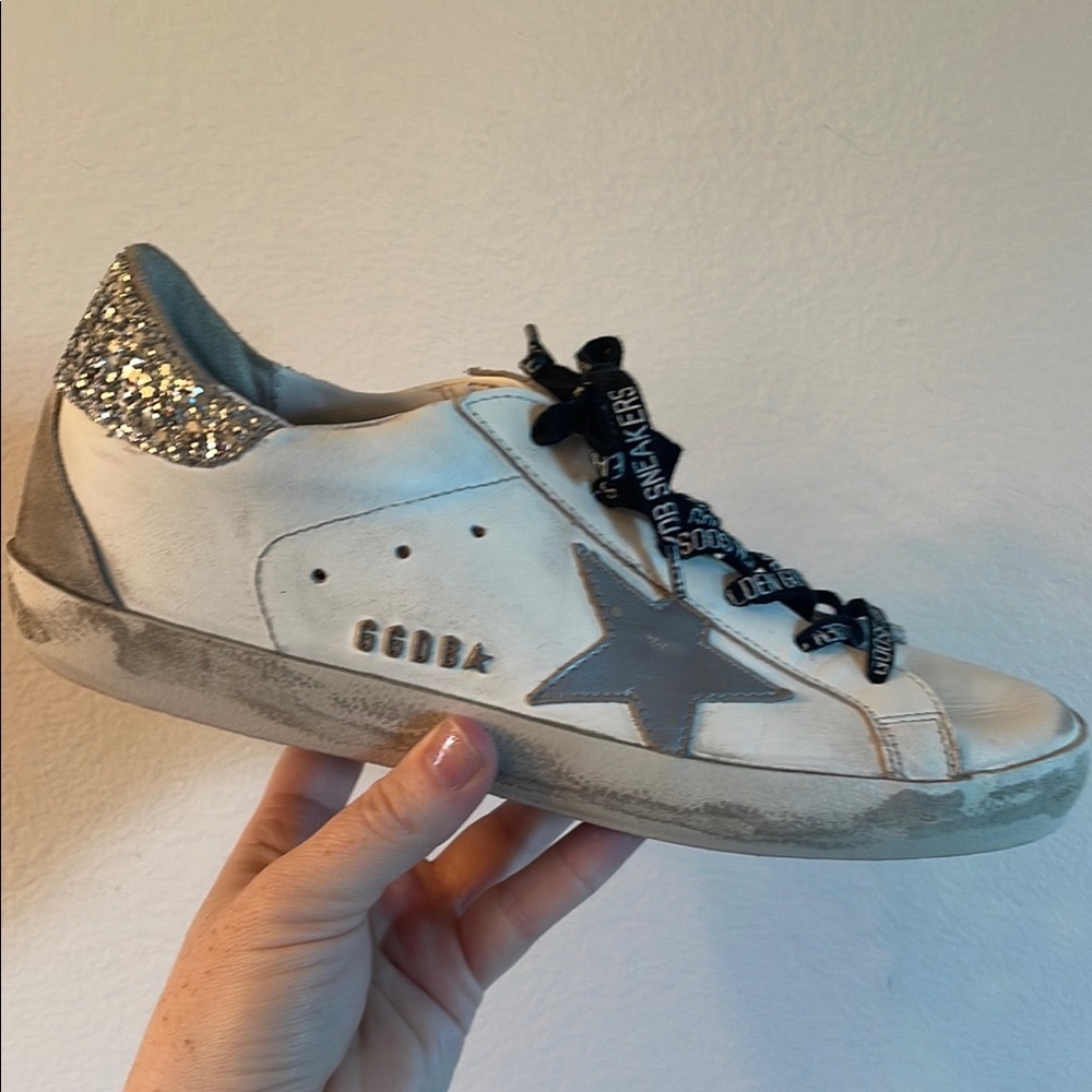 Golden Goose White and Gray Distressed Sneakers